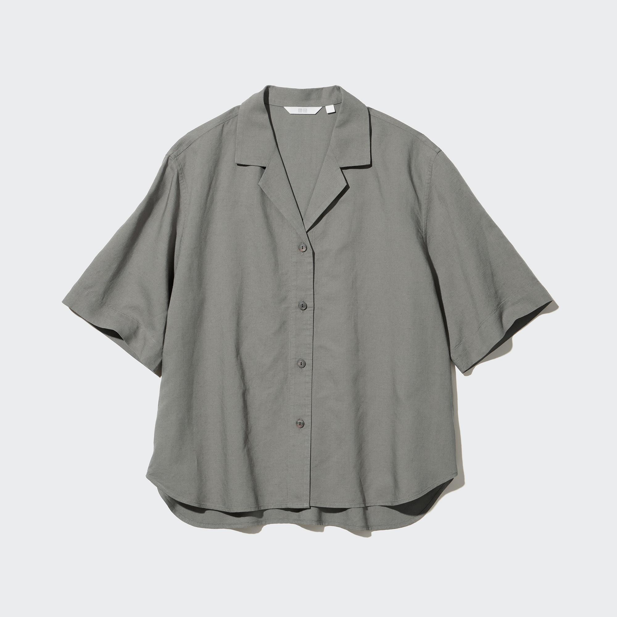 Linen Blend Open Collar Short-Sleeve Shirt
