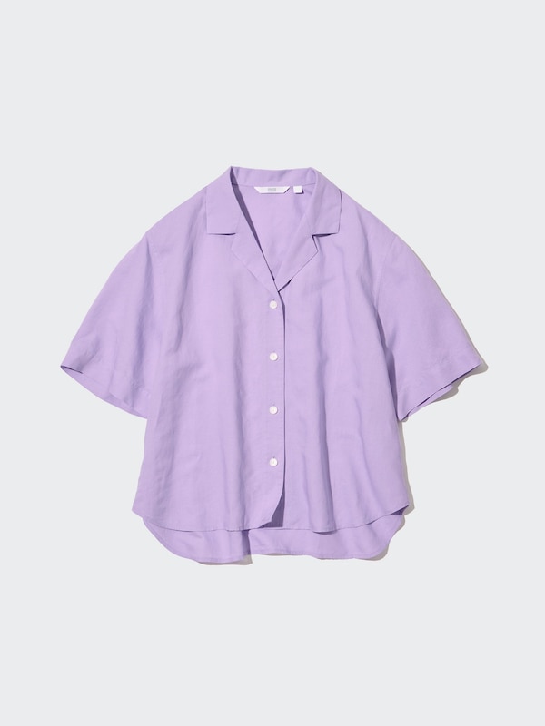Leinen Mix Kurzarm Bluse mit offenem Kragen