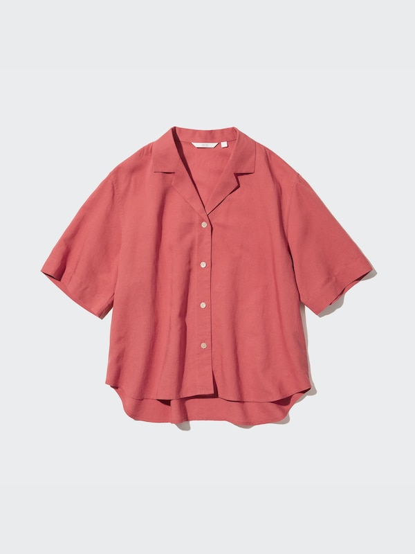 Linen Blend Open Collar Short-Sleeve Shirt
