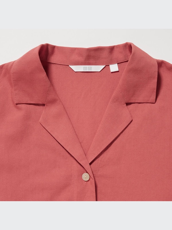 Linen Blend Open Collar Short-Sleeve Shirt