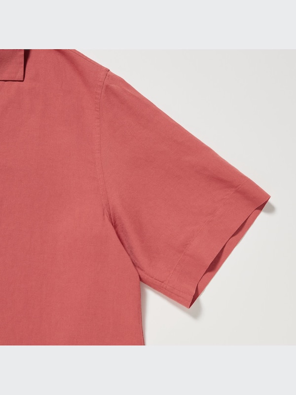 Linen Blend Open Collar Short-Sleeve Shirt
