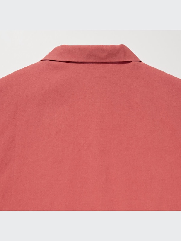 Linen Blend Open Collar Short-Sleeve Shirt