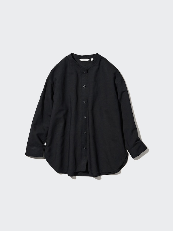 LINEN BLEND BAND COLLAR 3/4 SLEEVE SHIRT