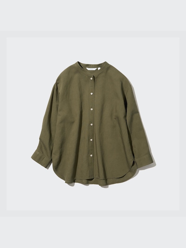 Linen Blend Band Collar 3/4-Sleeve Shirt