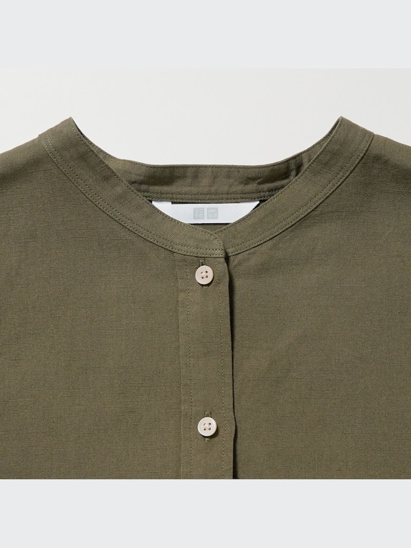 Linen Blend Band Collar 3/4-Sleeve Shirt