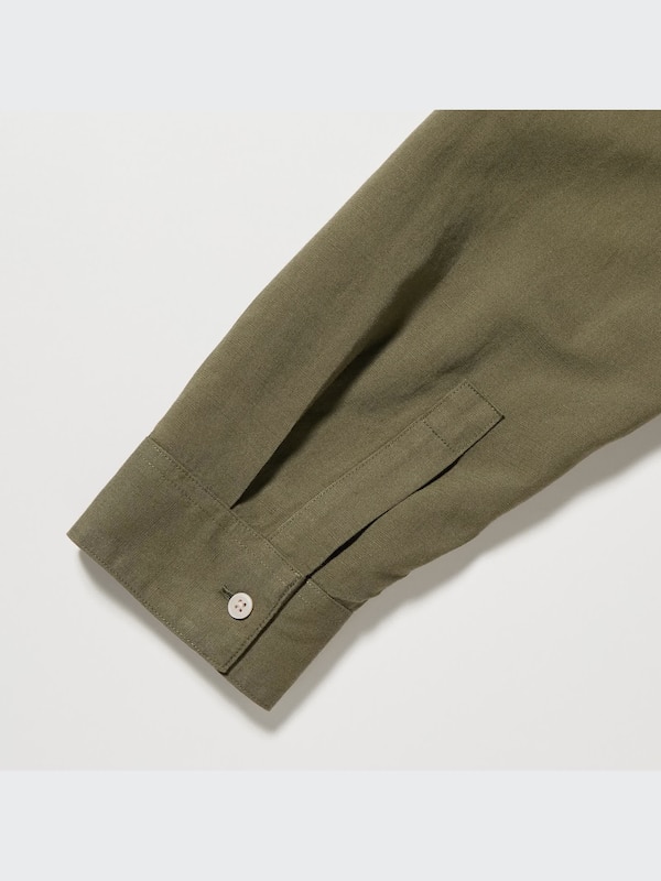 Linen Blend Band Collar 3/4-Sleeve Shirt