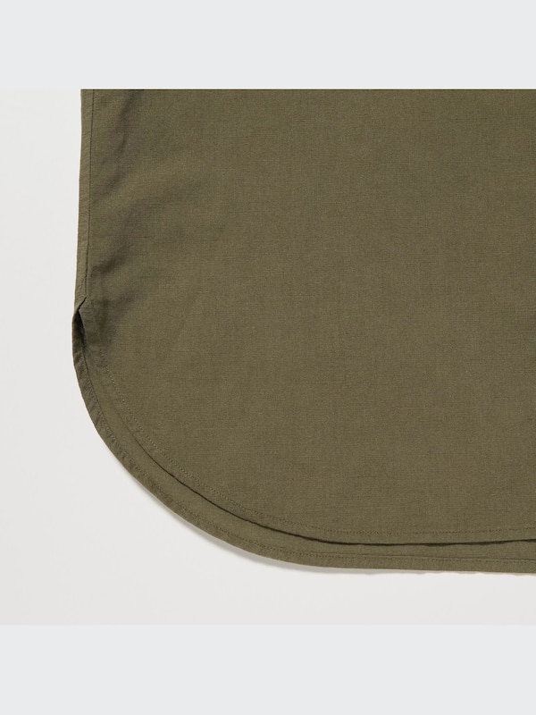 Linen Blend Band Collar 3/4-Sleeve Shirt
