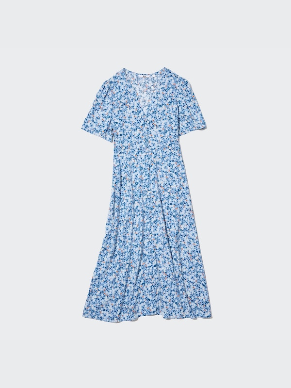 Printed V-Neck Short-Sleeve Flare Midi Dress