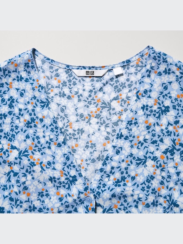 Printed V-Neck Short-Sleeve Flare Midi Dress