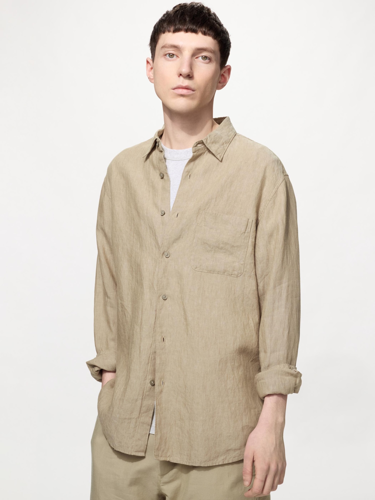 Uniqlo Men Linen Shirt Brown Medium