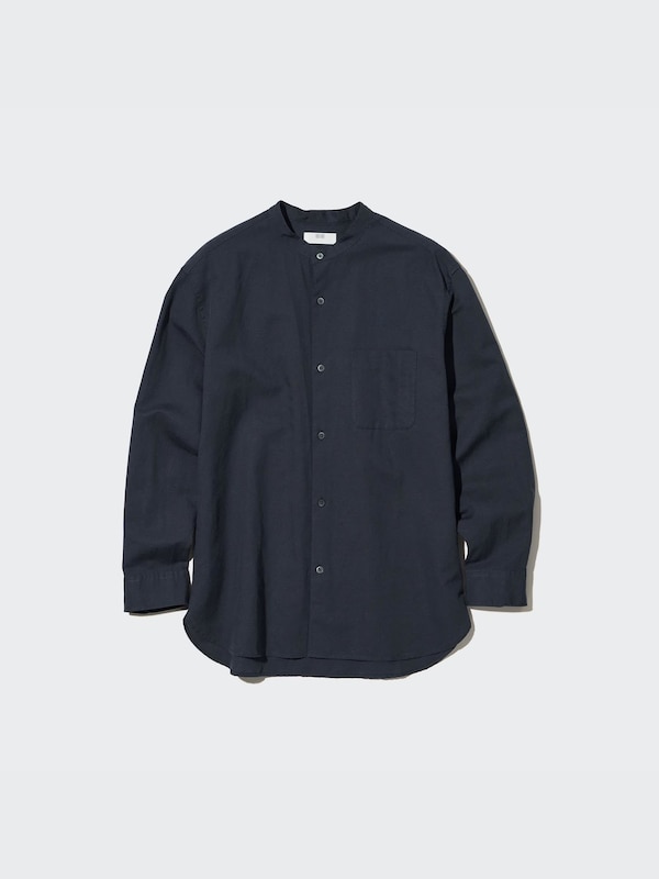 LINEN COTTON STAND COLLAR LONG SLEEVE SHIRT
