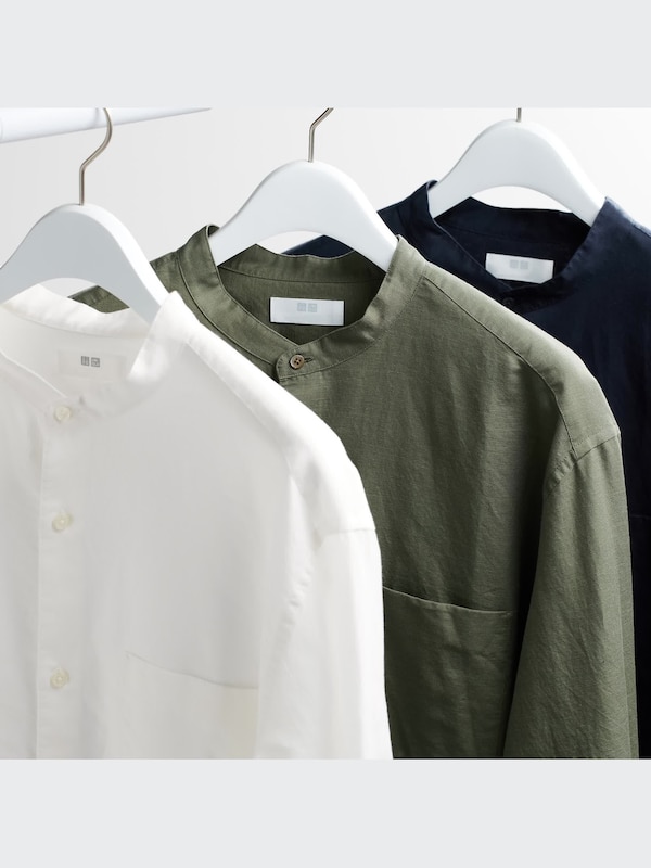 LINEN COTTON STAND COLLAR LONG SLEEVE SHIRT
