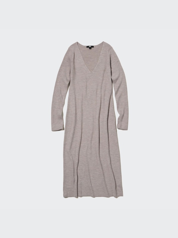Merino Blend Fitted V-Neck Long-Sleeve Dress