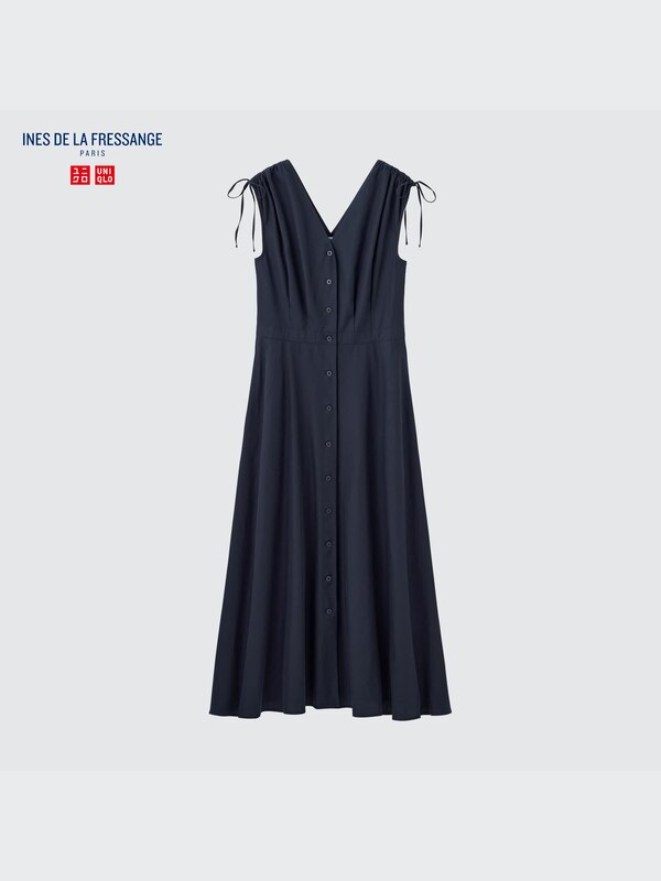 Cotton V-Neck Sleeveless Flare Dress (Solid) (Ines de la Fressange