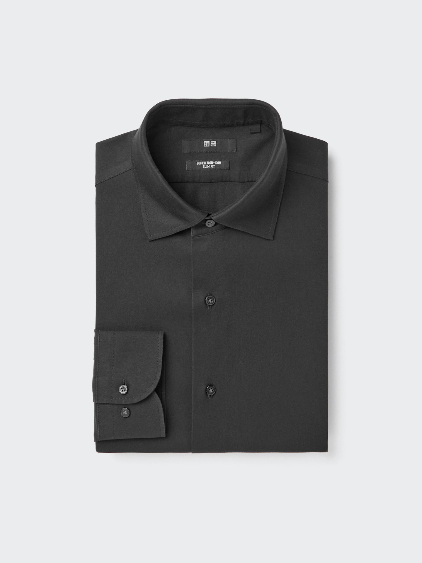 Мужская приталенная рубашка Uniqlo Super Non-Iron, воротник с широким разрезом, цвет: Чёрный — фото 1