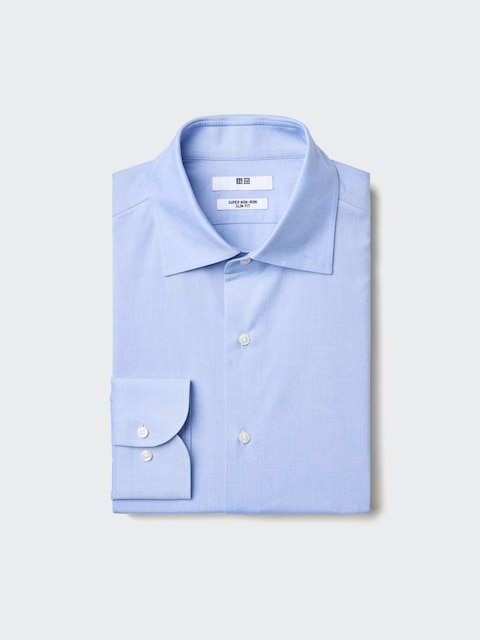 Uniqlo - Chemise Slim Sans Repassage (Col Élargi, Rayée) - Bleu Clair - 3XL