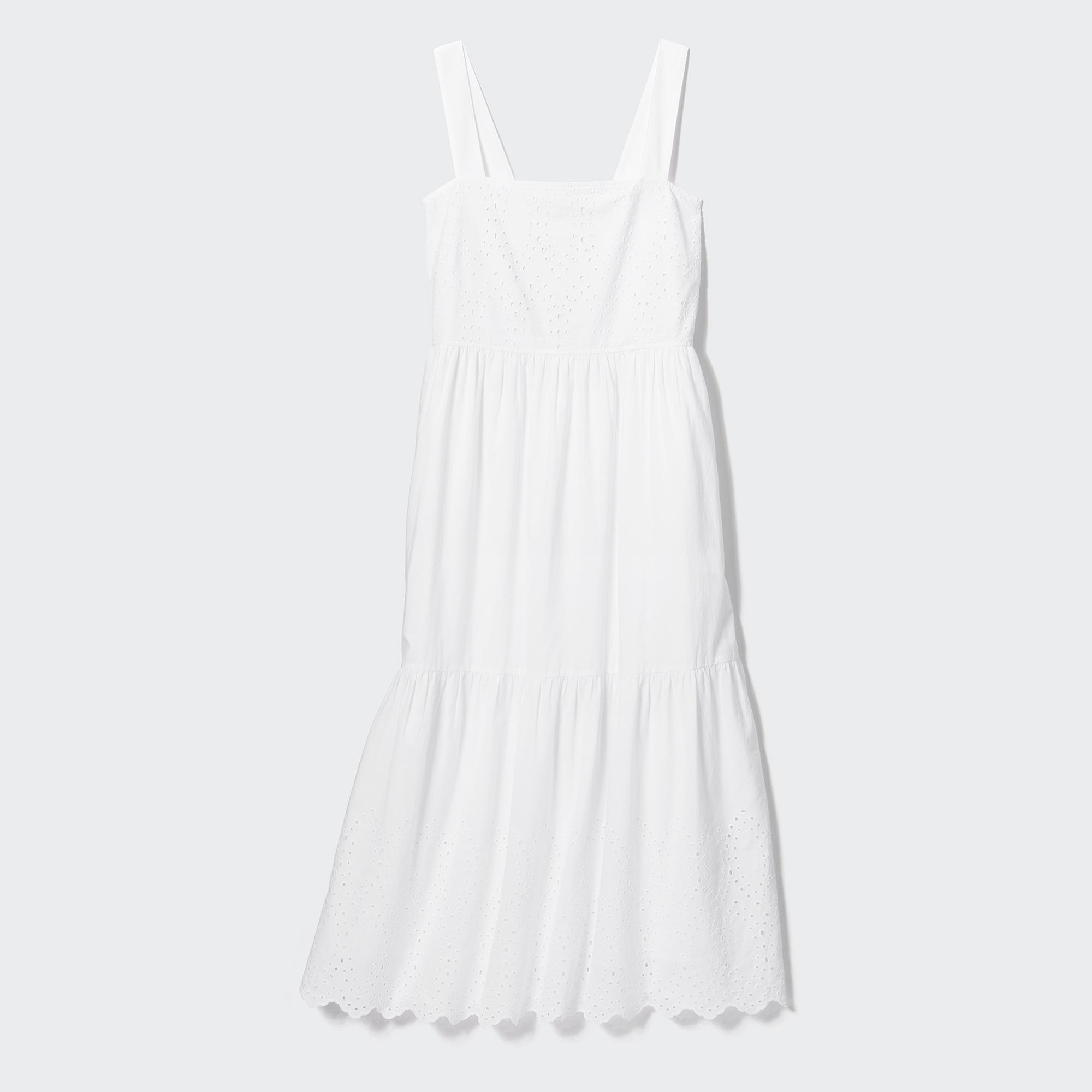 COTTON EMBROIDERY SHIRRING SLEEVELESS DRESS