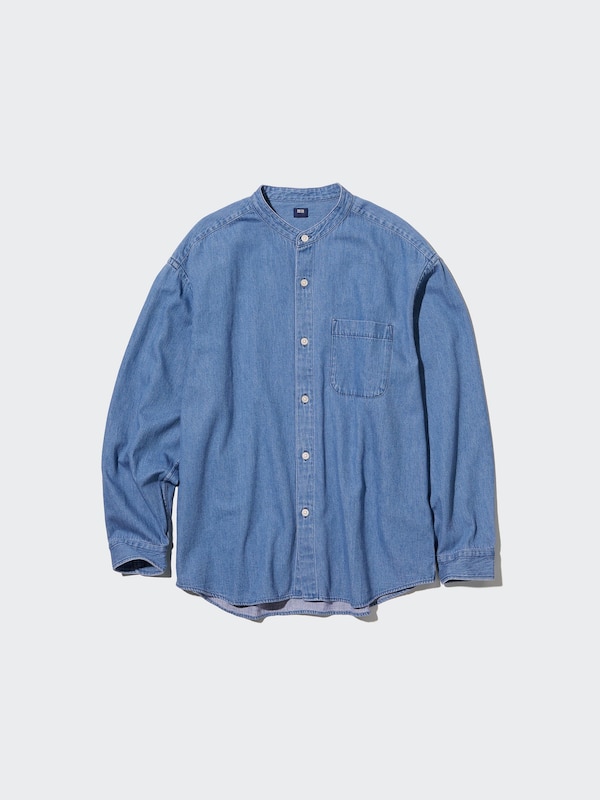 DENIM OVERSIZED STAND COLLAR LONG SLEEVE SHIRT