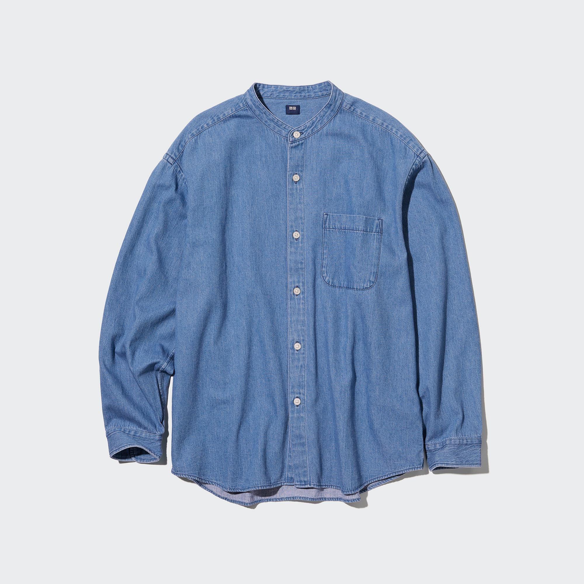 Chinese collar hot sale denim shirt