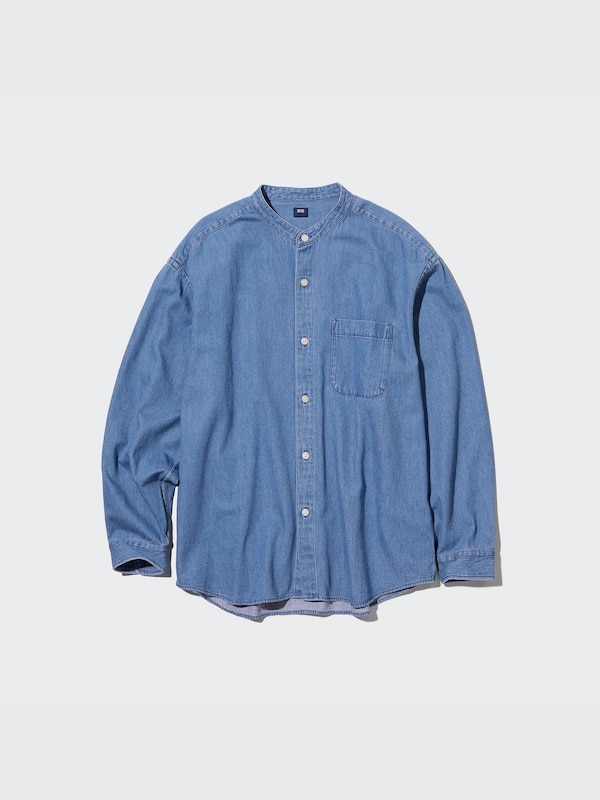 DENIM OVERSIZED STAND COLLAR LONG SLEEVE SHIRT