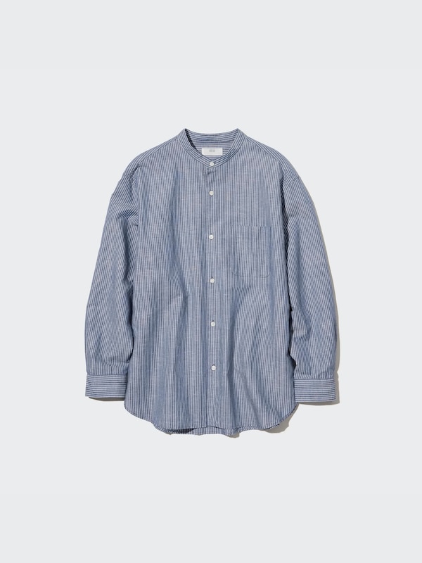 LINEN COTTON STRIPED STAND COLLAR LONG SLEEVE SHIRT