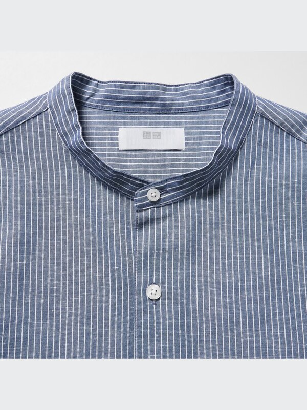LINEN COTTON STRIPED STAND COLLAR LONG SLEEVE SHIRT