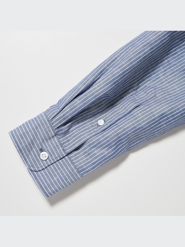 LINEN COTTON STRIPED STAND COLLAR LONG SLEEVE SHIRT