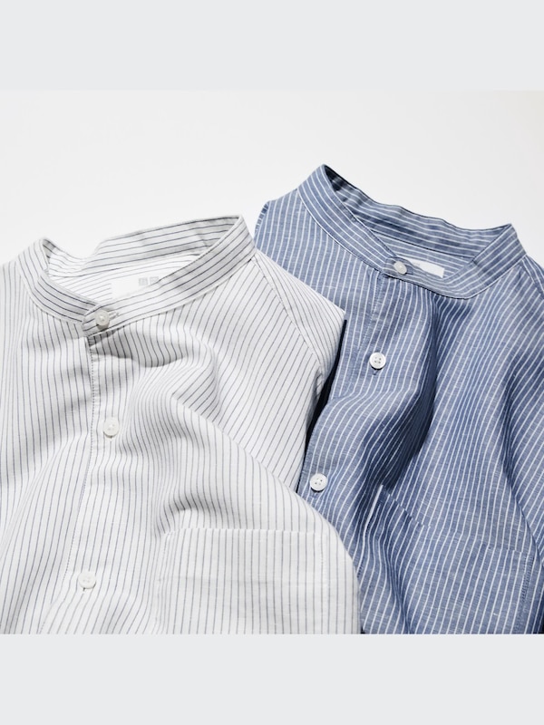 LINEN COTTON STRIPED STAND COLLAR LONG SLEEVE SHIRT
