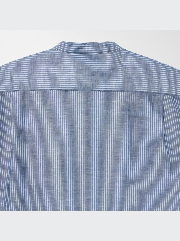 LINEN COTTON STRIPED STAND COLLAR LONG SLEEVE SHIRT