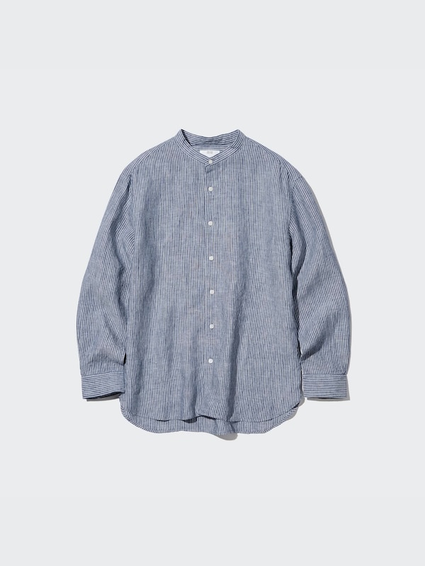 Premium Linen Stand Collar Striped Long-Sleeve Shirt