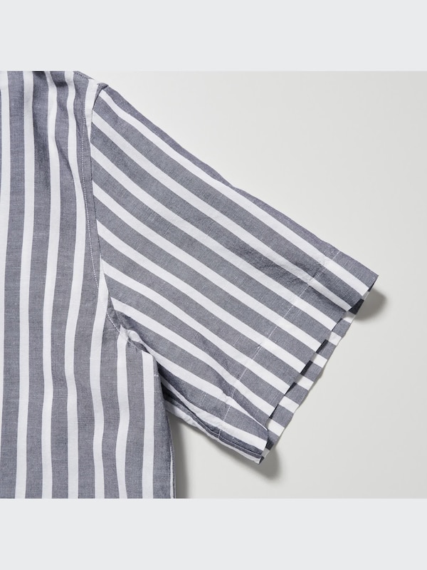Linen Blend Short Sleeved Shirt (Stripe, Open Collar)