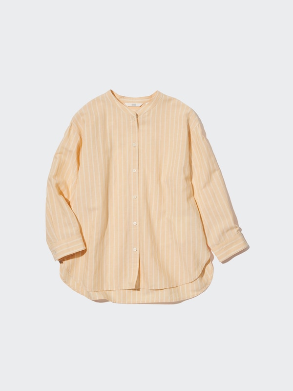Linen Blend Band Collar 3/4-Sleeve Shirt