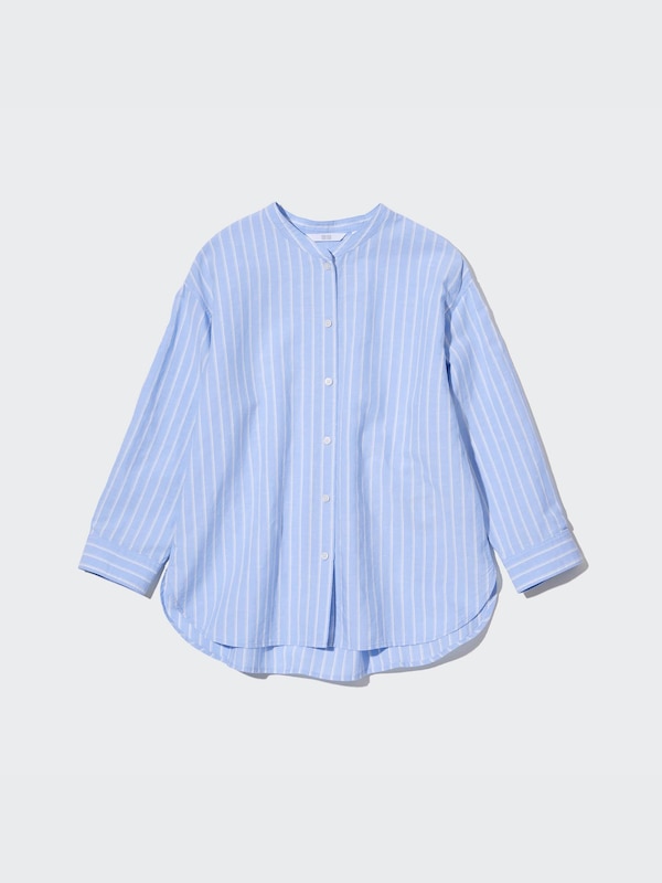 Linen Blend Band Collar 3/4-Sleeve Shirt
