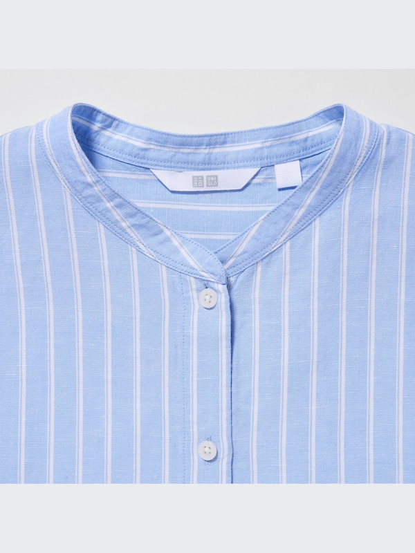 Linen Blend Band Collar 3/4-Sleeve Shirt
