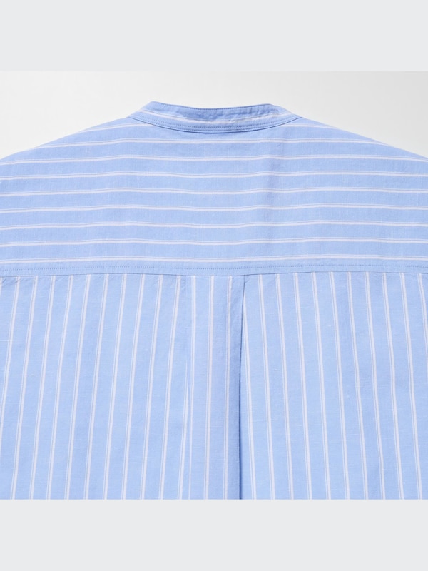 Linen Blend Band Collar 3/4-Sleeve Shirt