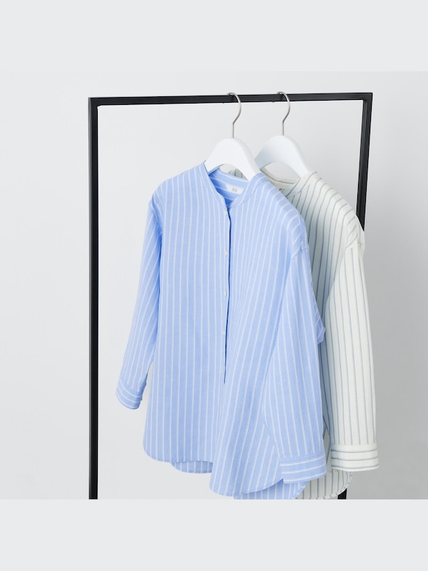 Linen Blend Band Collar 3/4-Sleeve Shirt