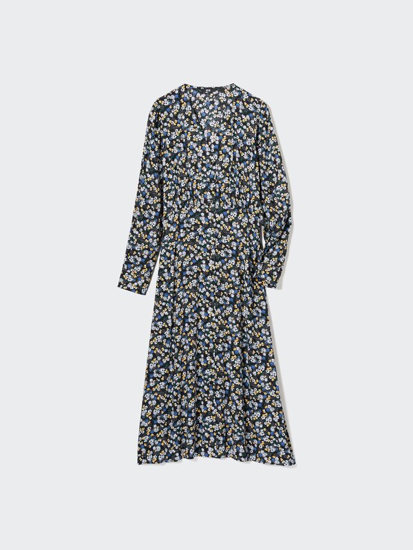 PRINTED V NECK LONG SLEEVE FLARE DRESS