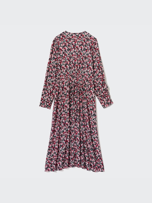 Printed V-Neck Long-Sleeve Flare Dress