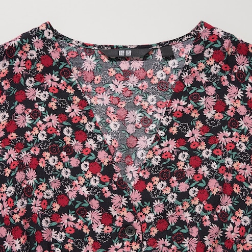 Button V Neck Long Sleeve Thermal Floral Top