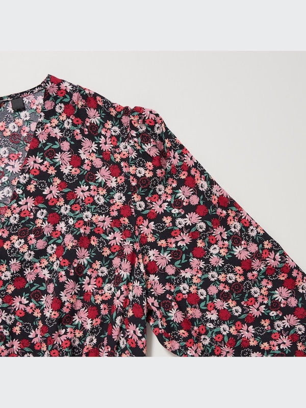 Printed V-Neck Long-Sleeve Flare Dress