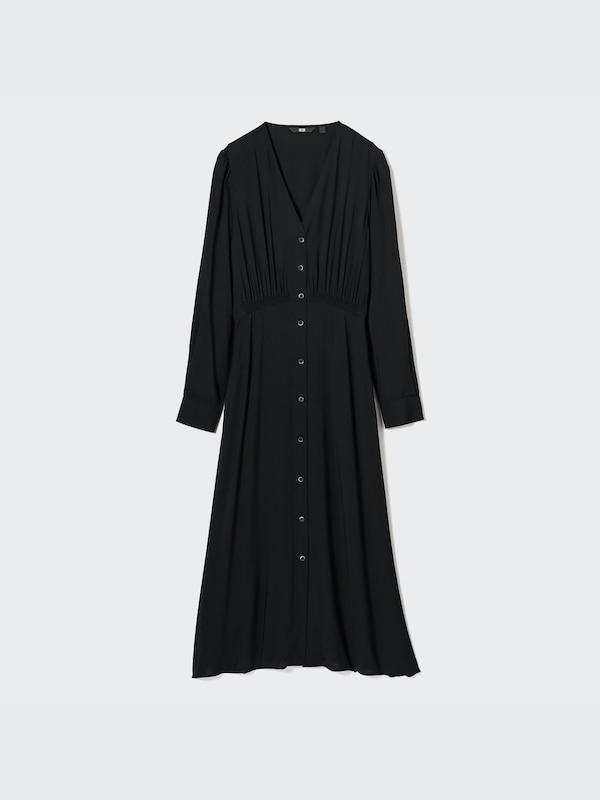 V-Neck Long-Sleeve Flare Dress