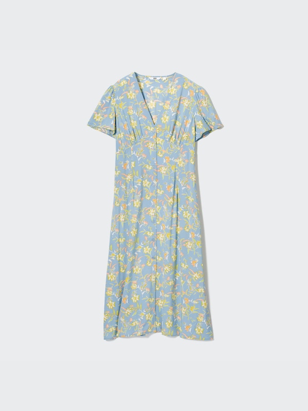 Printed V-Neck Short-Sleeve Flare Dress