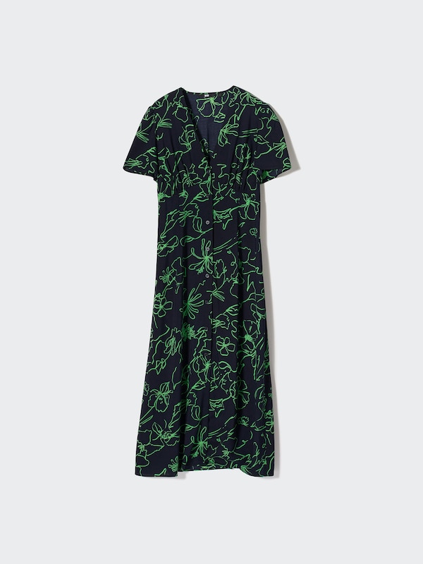 Vestido Midi Cuello Pico Manga Corta Botones Estampado Flores