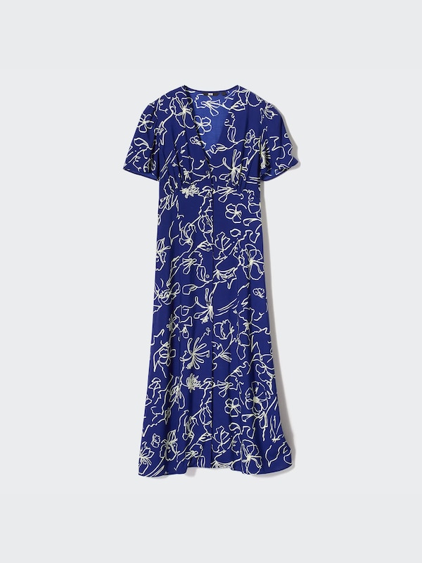 Vestido Midi Cuello Pico Manga Corta Botones Estampado Flores