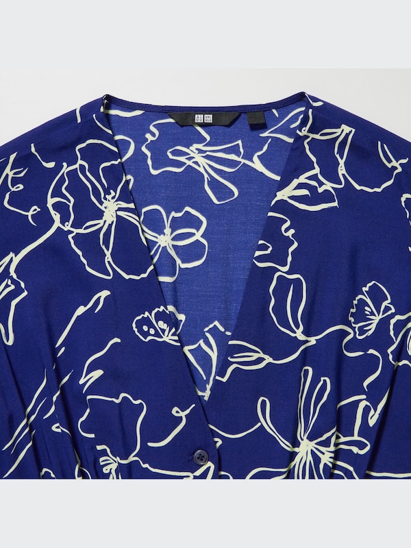 Vestido Midi Cuello Pico Manga Corta Botones Estampado Flores