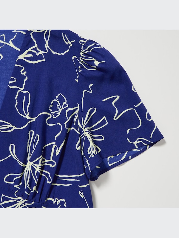 Vestido Midi Cuello Pico Manga Corta Botones Estampado Flores