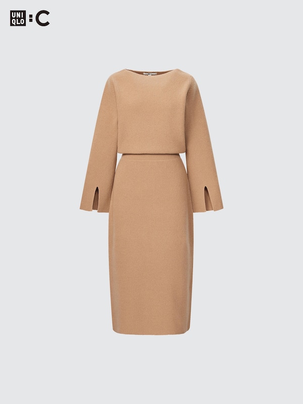 BOAT NECK LONG SLEEVE KNITTED DRESS