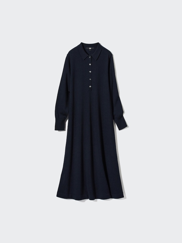 Vestito Midi Misto Lana Merino Scollatura con Bottoni Maniche