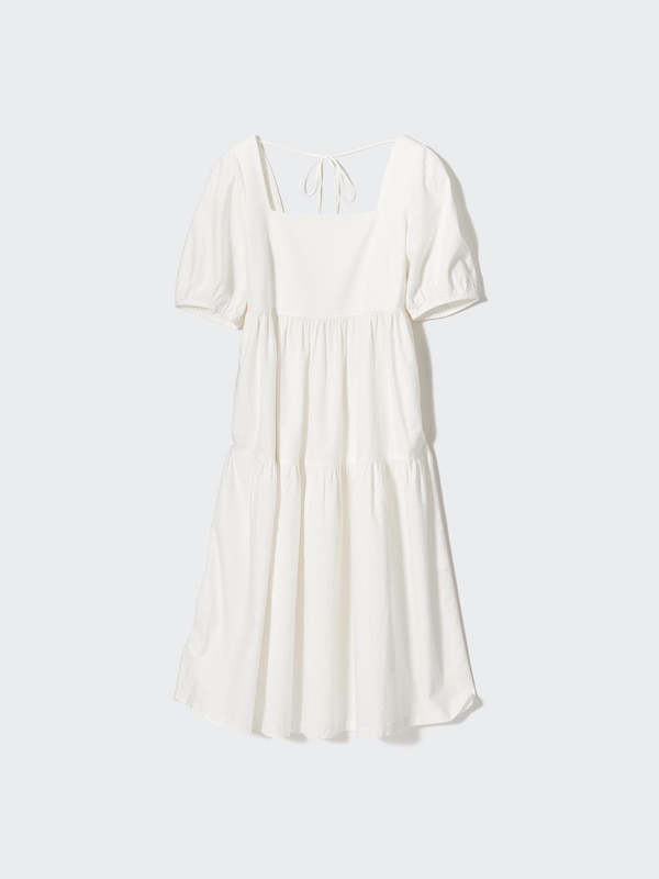 Linen Blend Shirring Dress (Volume Sleeve)
