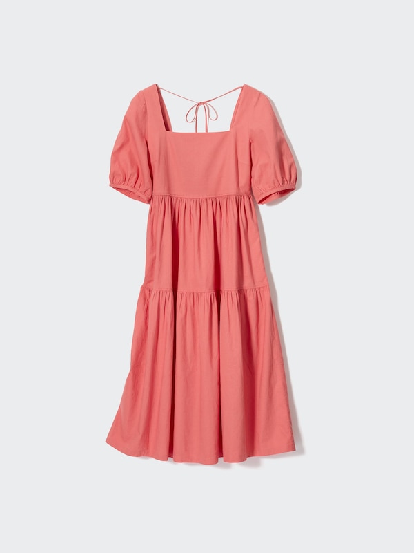 WOMEN LINEN BLEND VOLUME SLEEVE SHIRRING DRESS